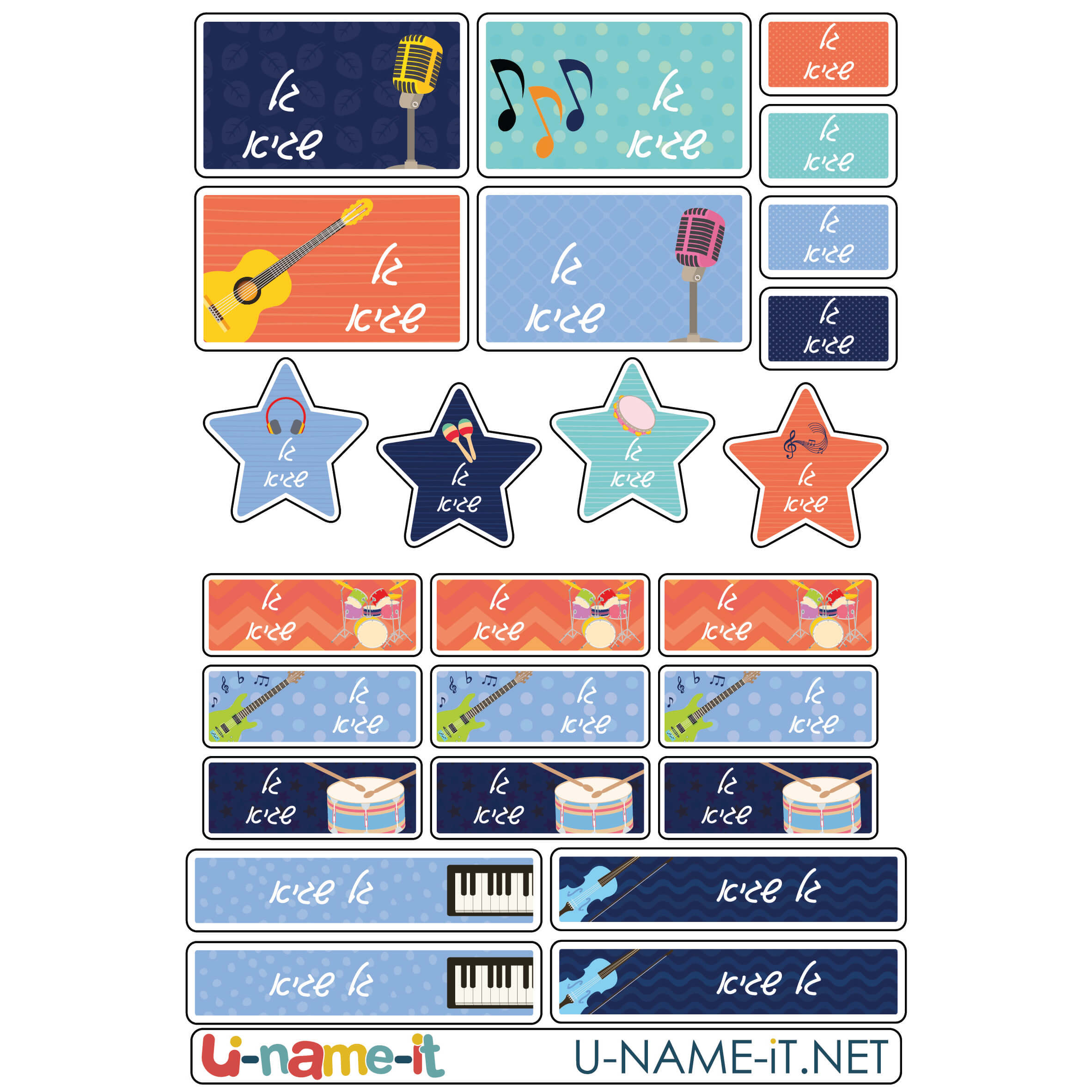 מדבקות שם לגן בעיצוב כלי נגינה מדבקות שם מעוצבות בהתאמה אישית