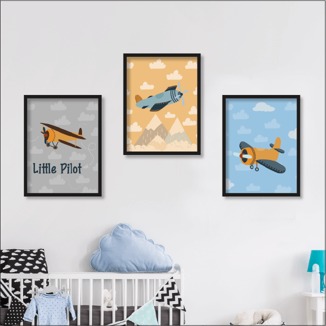 תמונות ממוסגרות לחדרי ילדים - שלישיית מטוסים
